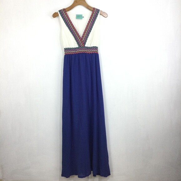Judith March Embroidered Zigzag V-Neck Sleeveless Summer Maxi Dress Blue White S - Picture 10 of 10